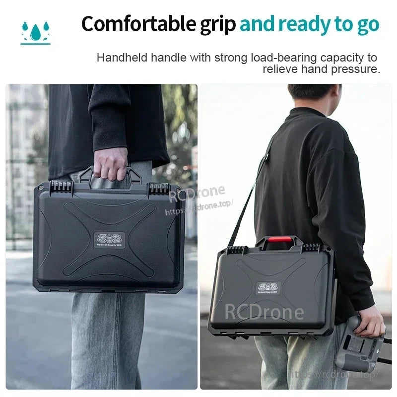 Waterproof case with strong handle and comfortable grip for RC controller storage.
