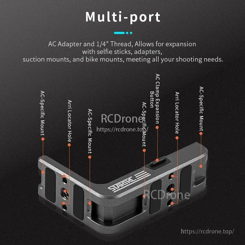 Product title: STARTRC L-Type Quick Release Bracket for DJI Action cameras, offering vertical/horizontal adjustments and compatibility with various accessories.