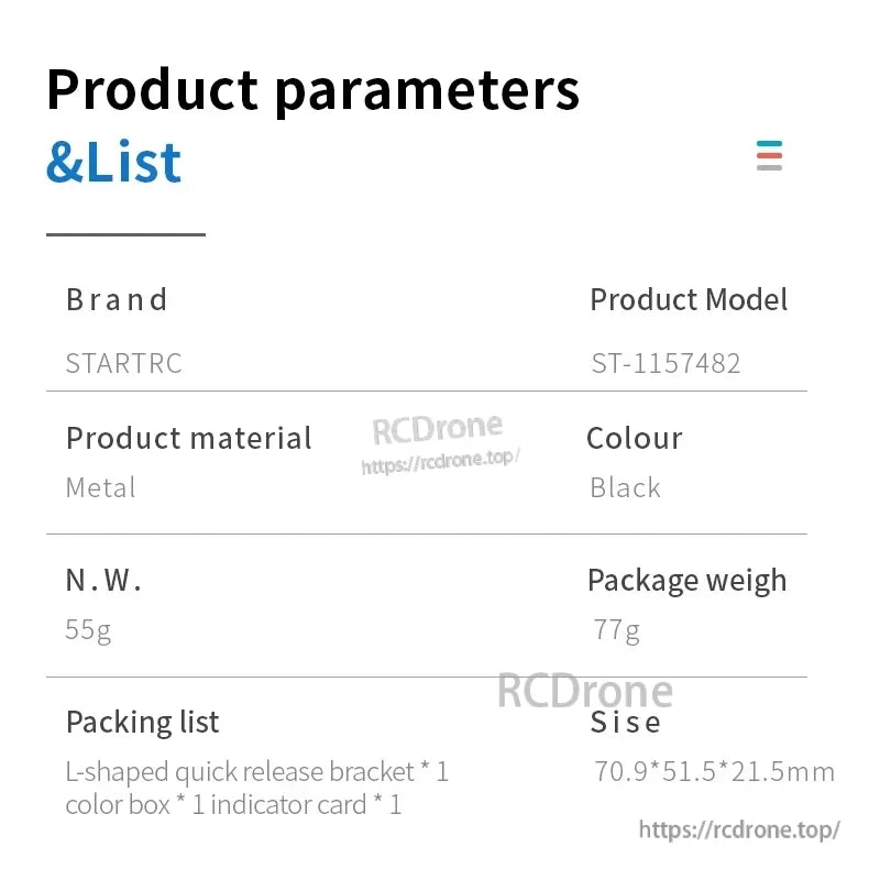 STARTRC L-Type Quick Release Bracket, STARTRC ST-1157482 black metal L-shaped quick release bracket, 55g, 70.9×51.5×21.5mm, includes bracket, box, and card.
