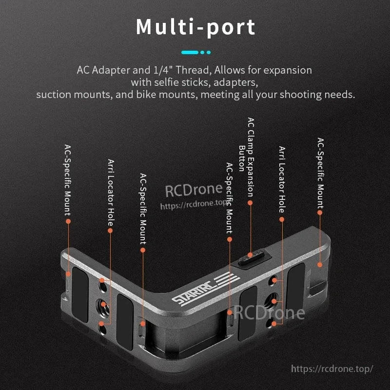 STARTRC L-Type Quick Release Bracket, Multi-port bracket with AC adapter, 1/4" thread, and mounts for selfie sticks, adapters, suction, and bikes.