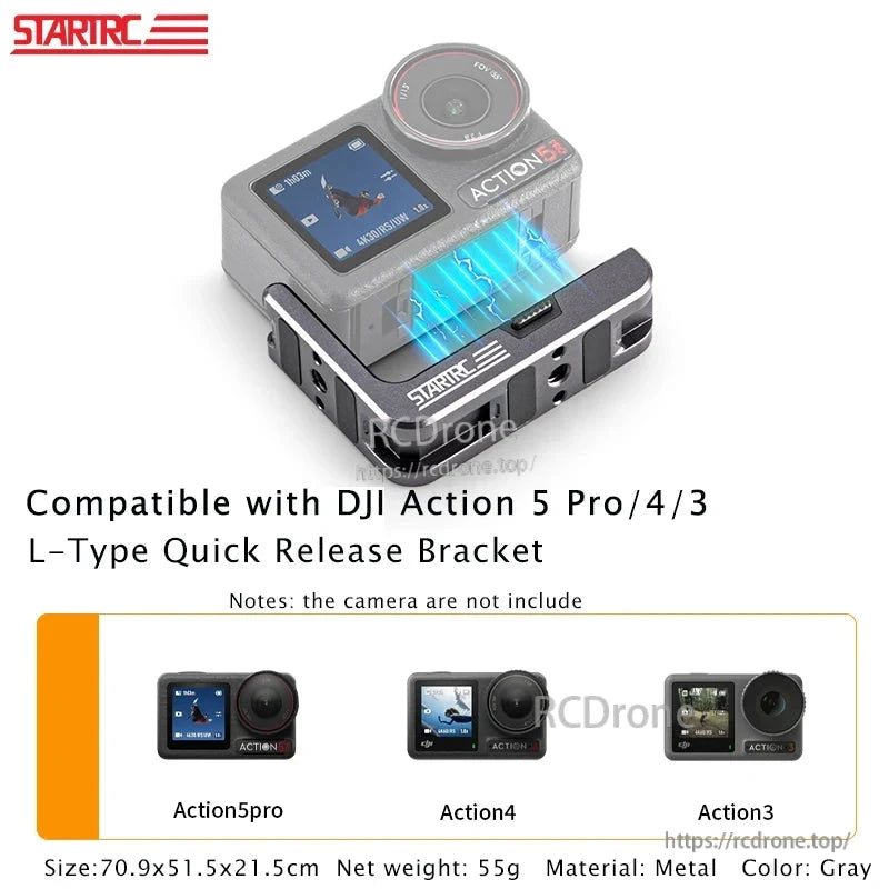 STARTRC L-Type Quick Release Bracket, STARTRC L-shaped quick-release bracket for DJI Action 5 Pro/4/3, magnetic mount, 1/4'' thread, metal, gray, 55g. Camera not included.
