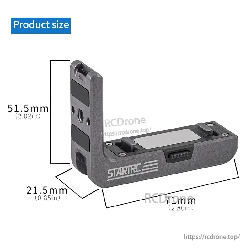 STARTRC L-Type quick release bracket measures 71mm x 51.5mm x 21.5mm (2.80in x 2.02in x 0.85in), designed for secure, fast drone mounting and easy detachment.