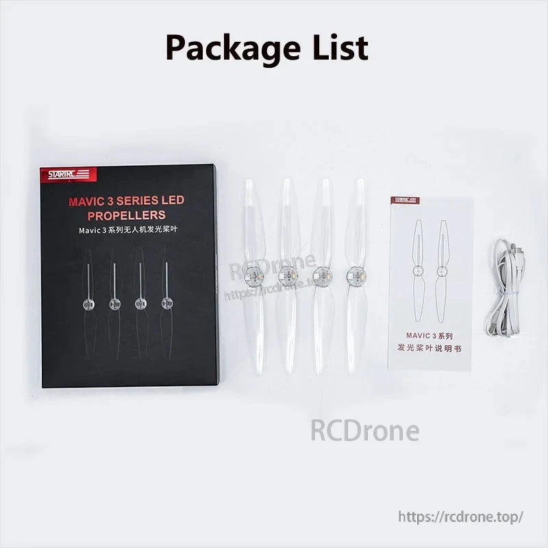 STARTRC Mavic 3 LED propellers: rechargeable, 5-color, 3 modes, low noise, ideal for night flights; includes propellers, manual, and charging cable.