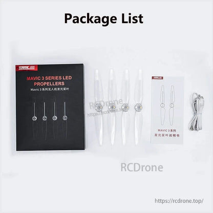 STARTRC Mavic 3 LED propellers: rechargeable, 5-color, 3 modes, low noise, ideal for night flights; includes propellers, manual, and charging cable.