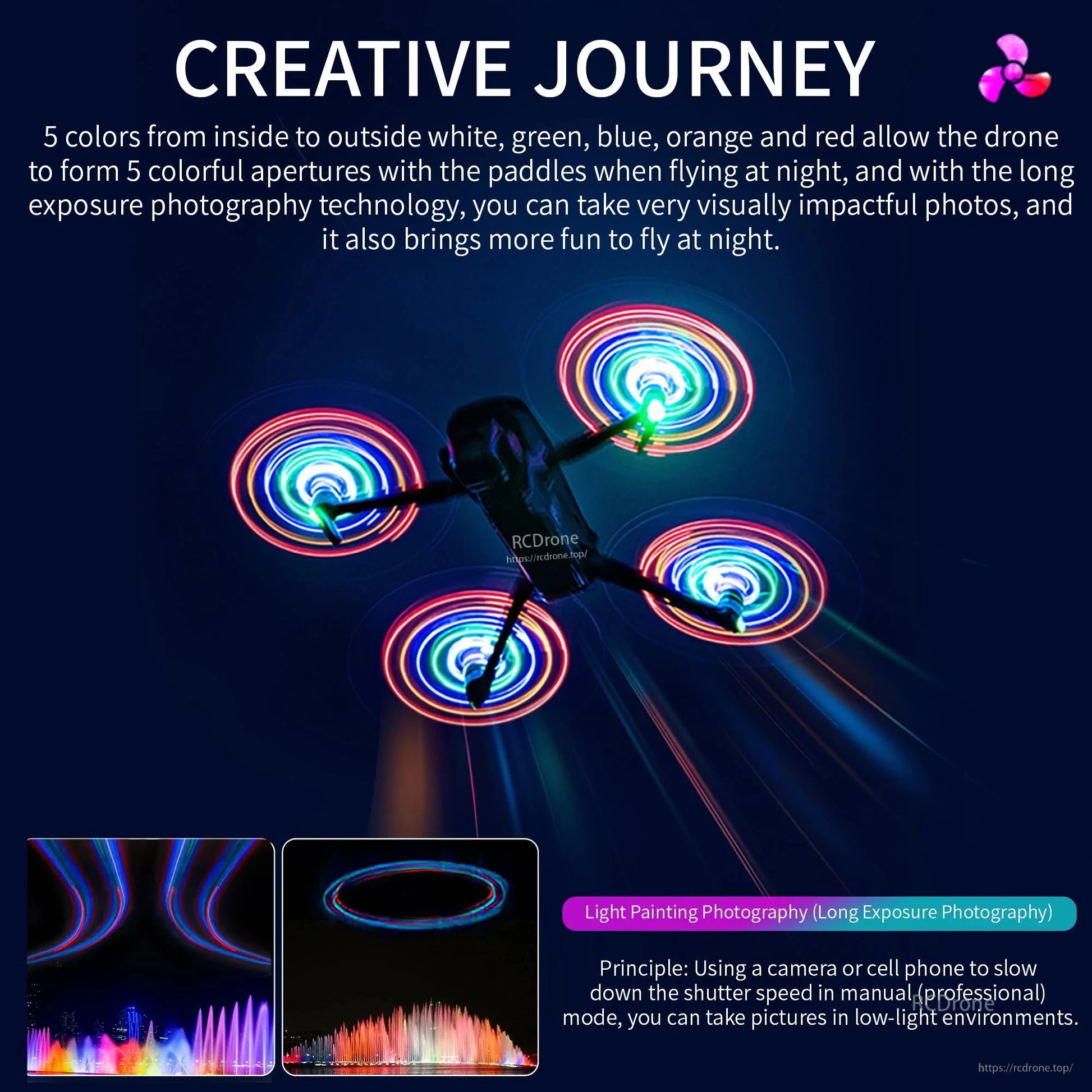 LED propellers create colorful light trails at night; rechargeable, low-noise design with 3 modes for stunning long-exposure photography and enhanced flying experience.