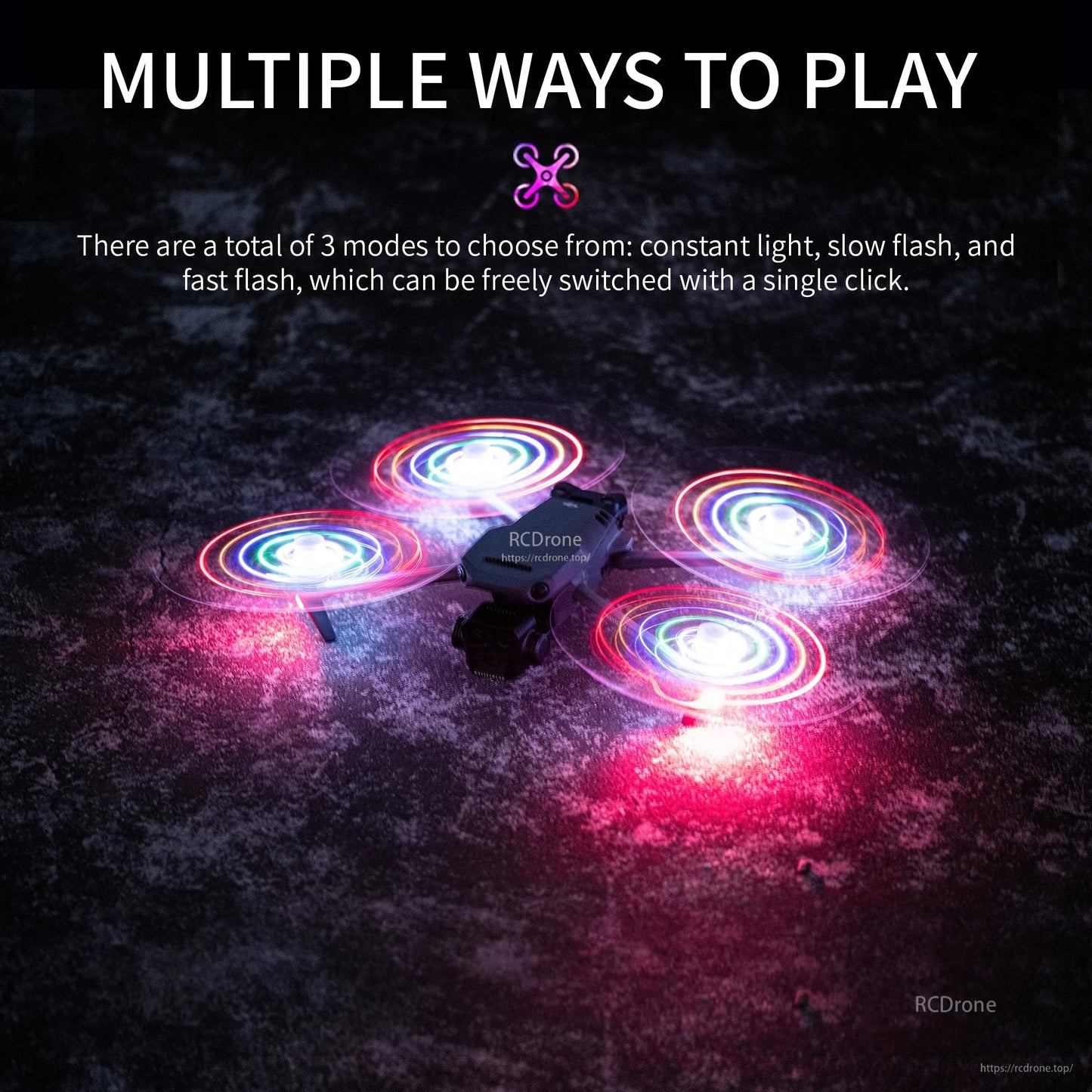 One-click switchable lighting modes (constant, slow, fast flash) and LED propellers enable fun night flying.