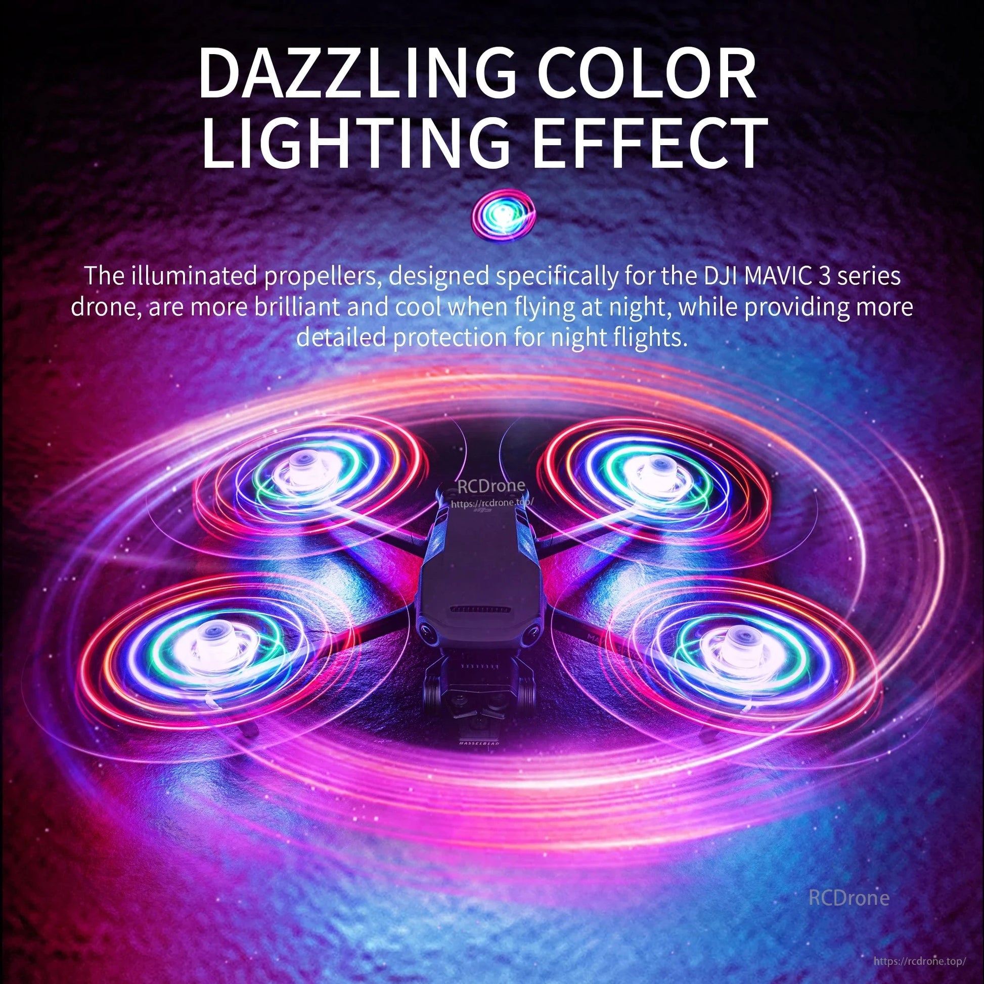 Glowing propellers for DJI Mavic 3: rechargeable, 5-color, 3 modes, low noise, enhancing night visibility and safety with dazzling light effects.
