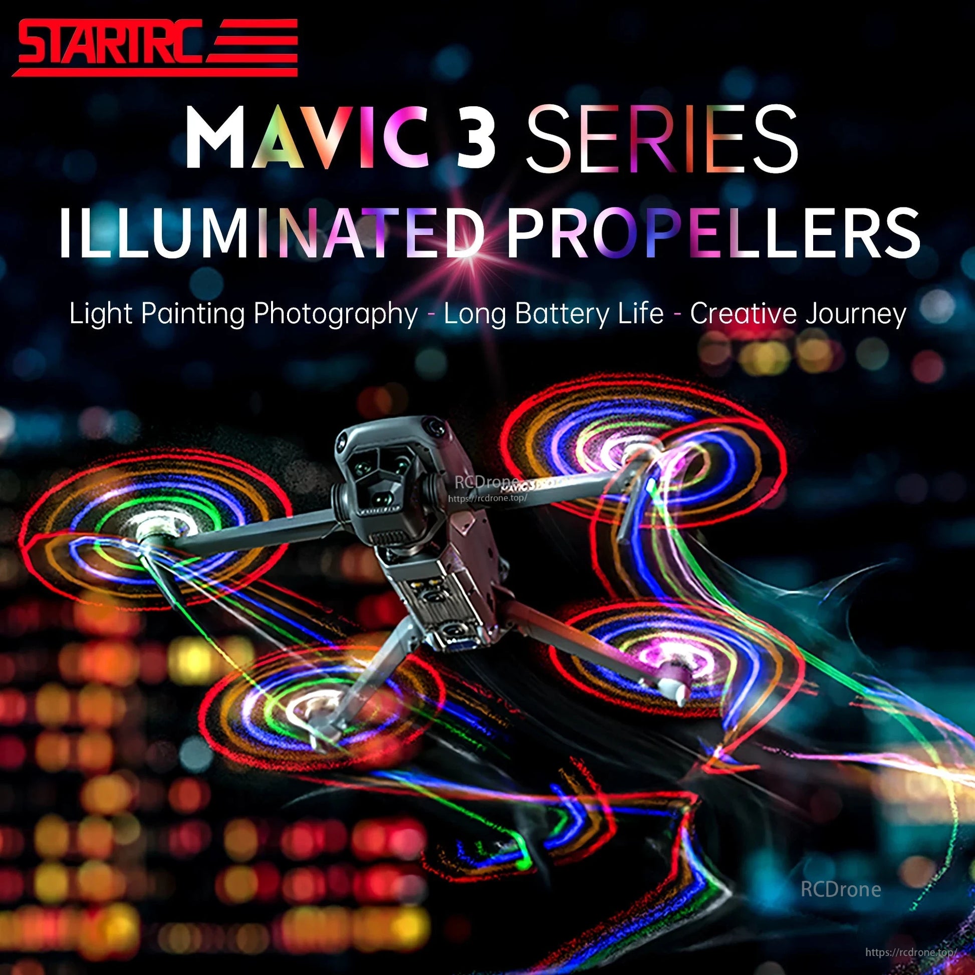 STARTRC Mavic 3 LED propellers: 5-color lights, 3 modes, rechargeable, low noise, ideal for night flights and light painting with long battery life.