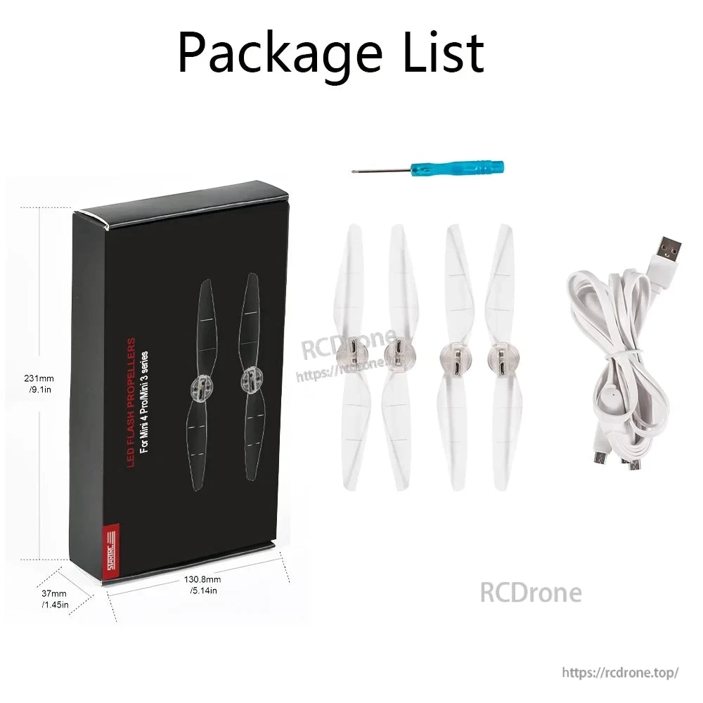 STARTRC LED Flash Propeller, LED flash propellers for Mini 4 Pro/Mini 3 series, including four propellers, USB cable, and screwdriver. Package size: 231mm x 130.8mm x 37mm.