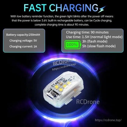 STARTRC LED Night Flight, LED flight light with 250mAh battery charges in 90 mins, offers 1.5–5 hours runtime, low-battery alert at <3.6V.