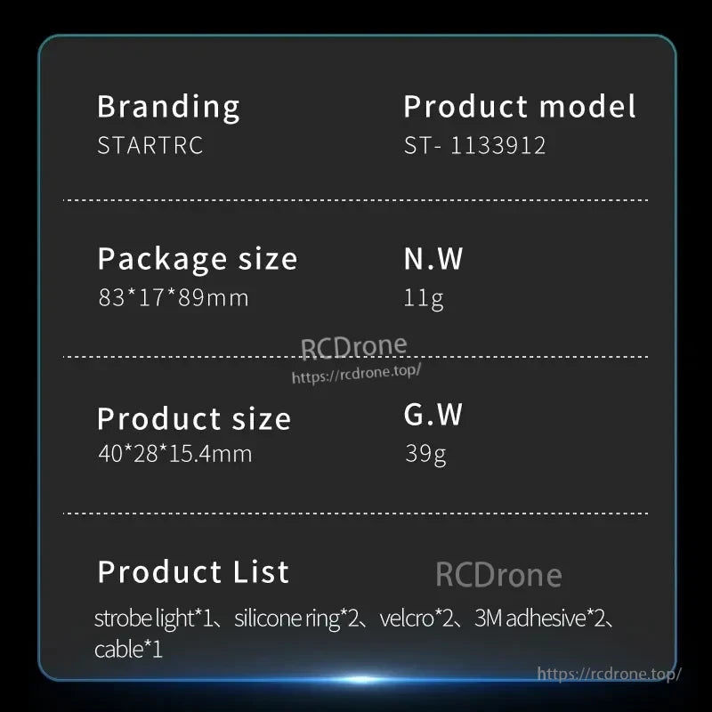 STARTRC LED Night Flight, STARTRC ST-1133912 LED night flight light (40×28×15.4mm, 11g) with strobe, silicone rings, Velcro, adhesive, and cable for secure drone mounting.