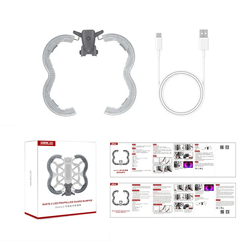 STARTRC LED Propeller Guard, STARTRC Avata 2 LED propeller guard bumper includes USB cable and instructions for easy setup and enhanced drone protection with illuminated features.