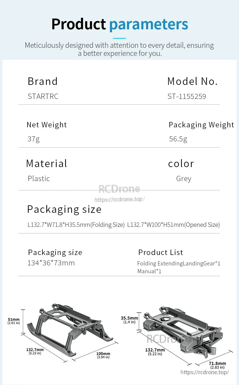 STARTRC Landing Gear, STARTRC ST-1155259 grey folding landing gear, 37g, folds to 132.7×71.8×35.5mm, opens to 132.7×100×51mm. Includes gear and manual.