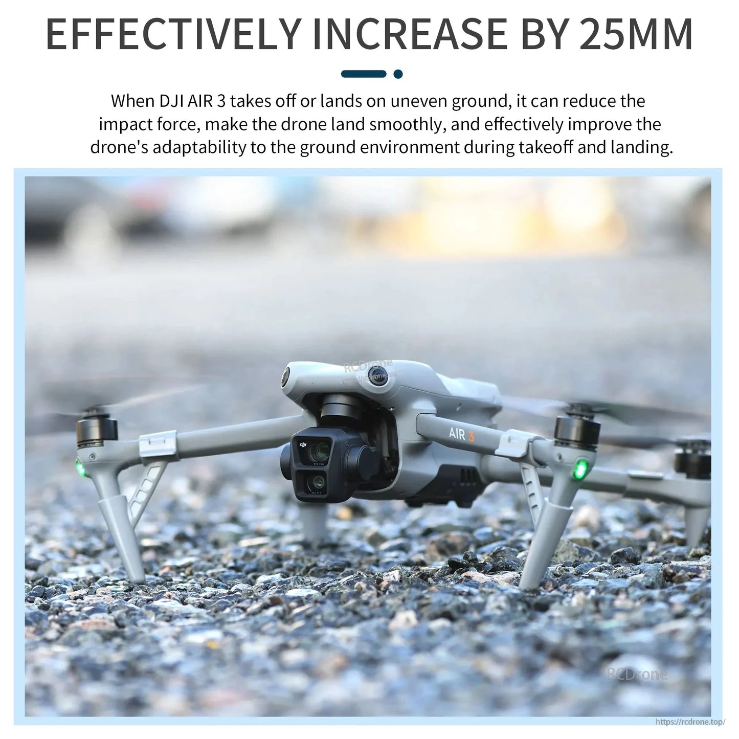 STARTRC Landing Gear, The DJI Air 3 increased height by 25mm on uneven ground reduces impact force for smoother landings and improved adaptability.
