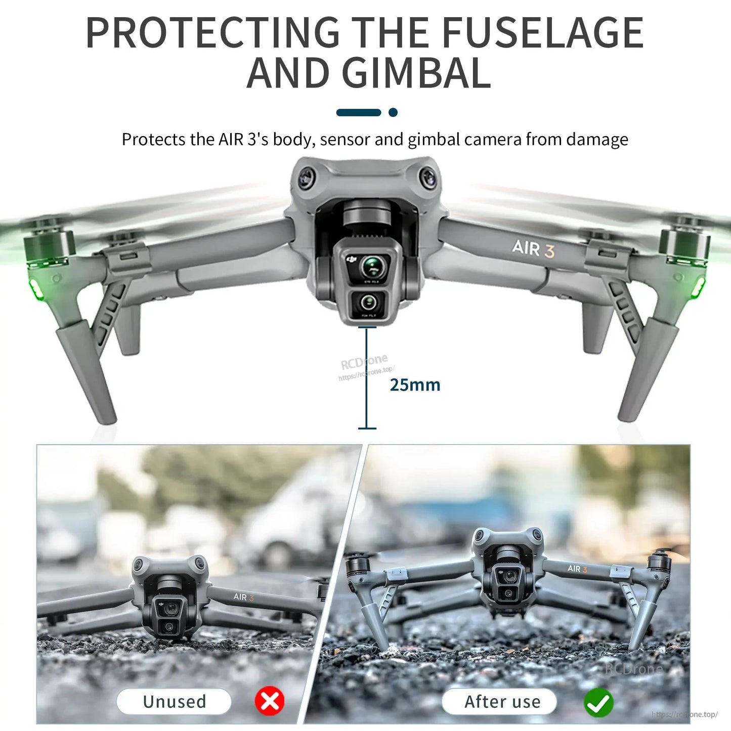 STARTRC Landing Gear, Protects DJI Air 3’s body, sensors, and gimbal; 25mm extension boosts ground clearance. Comparison shows enhanced protection after use.