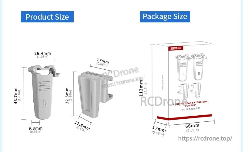 STARTRC landing gear extensions for FLIP, 46.7x26.4x9.3mm, include left and right units; durable design improves stability. Package: 112x66x17mm.