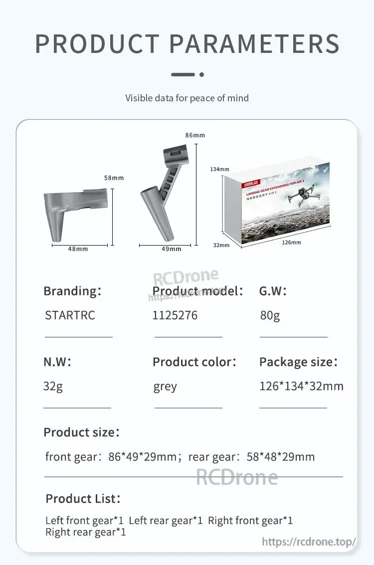 STARTRC Landing Gear, STARTRC grey landing gear extensions (model 1125276) for Air 2, weighing 80g gross/32g net. Includes four gears. Dimensions: front 86×49×29mm, rear 58×48×29mm. Package: 126×134×32mm.