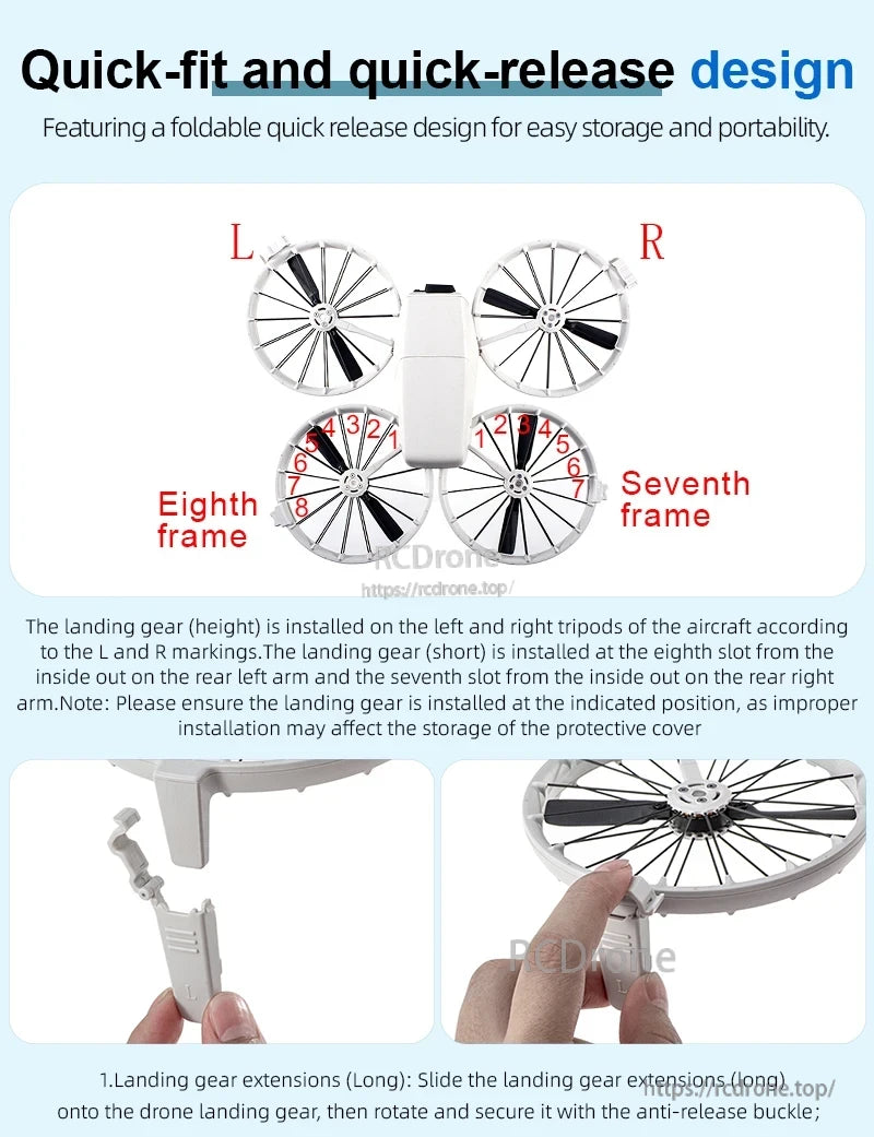 STARTRC Landing Gear, Easy-to-install landing gear with quick-fit/release design, left/right tripod mounting, specific slots, and long extensions secured by anti-release buckles for convenient storage.