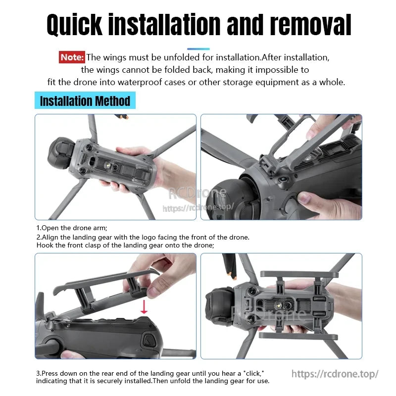 Easy to install and remove STARTRC Landing Gear; requires unfolded wings, limiting storage. Follow three steps for secure attachment before use.