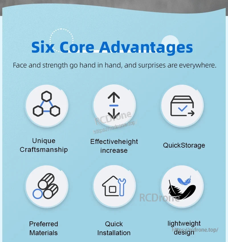 STARTRC Landing Gear, Six advantages: unique craftsmanship, height adjustment, quick storage, premium materials, fast installation, and lightweight design.