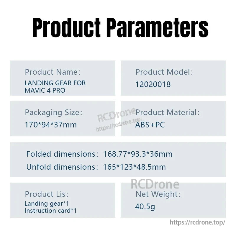 STARTRC Landing Gear, Mavic 4 Pro landing gear (12020018), ABS+PC, 40.5g. Folded: 168.77×93.3×36mm; unfolded: 165×123×48.5mm. Includes gear and instructions.