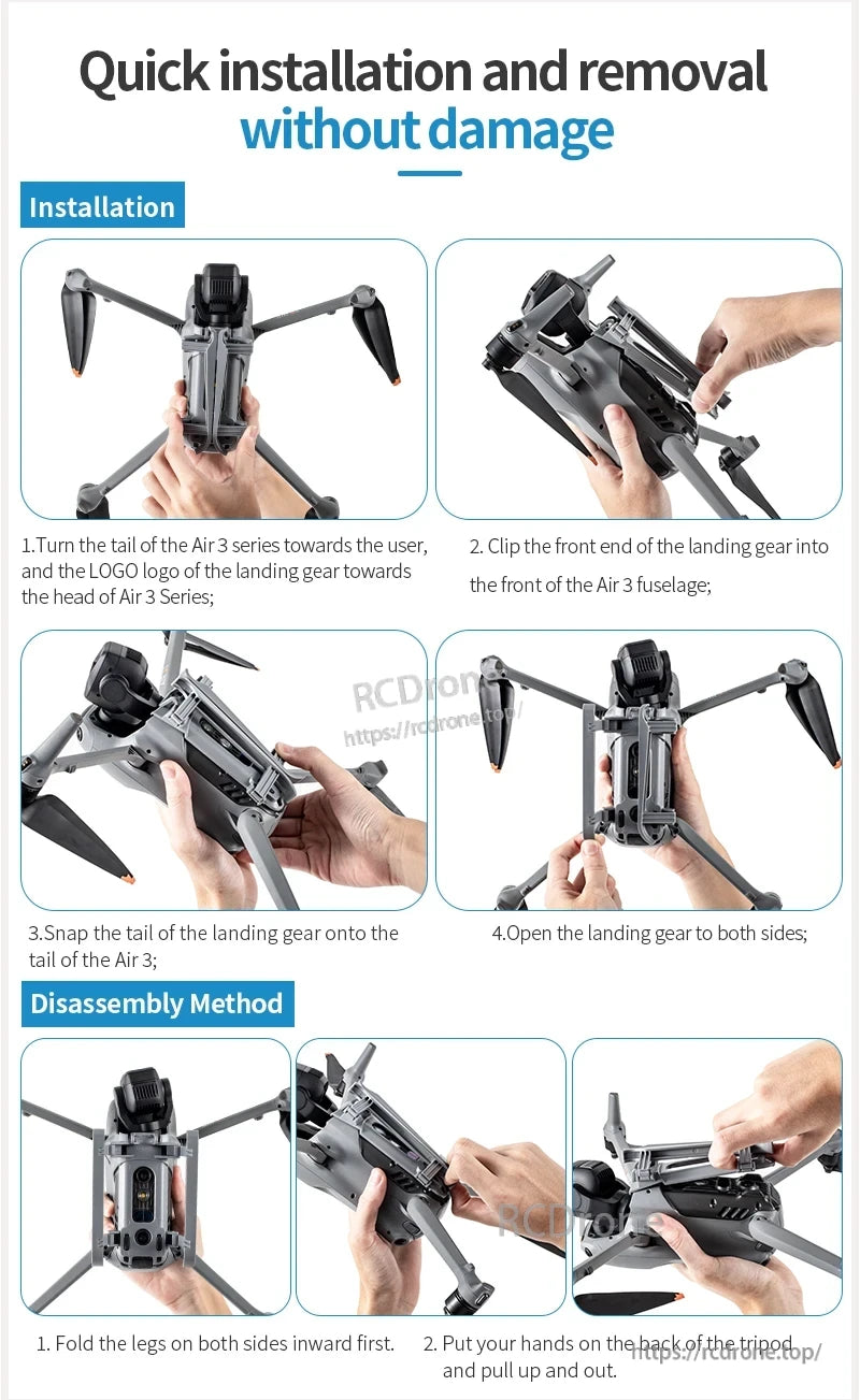 Quickly install or remove STARTRC landing gear on Air 3 by aligning, clipping, snapping, and opening; disassemble by folding legs inward and pulling up the tripod.