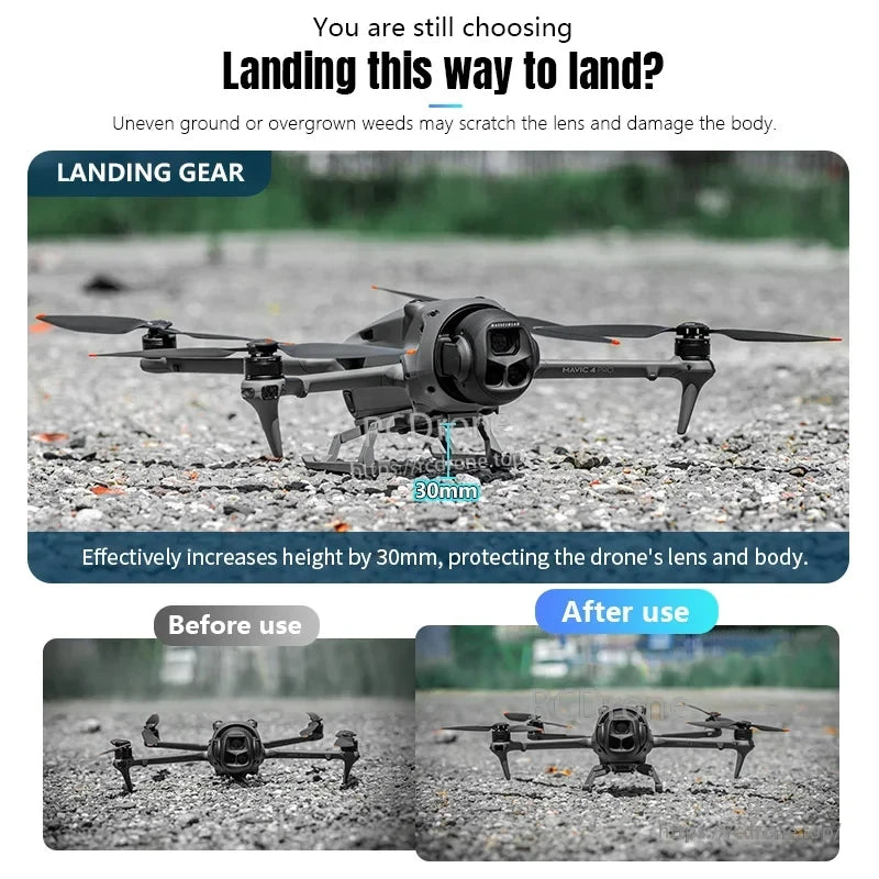 STARTRC Landing Gear, Landing gear elevates drone 30mm, shielding lens and body from rough terrain, with before-and-after comparison included.