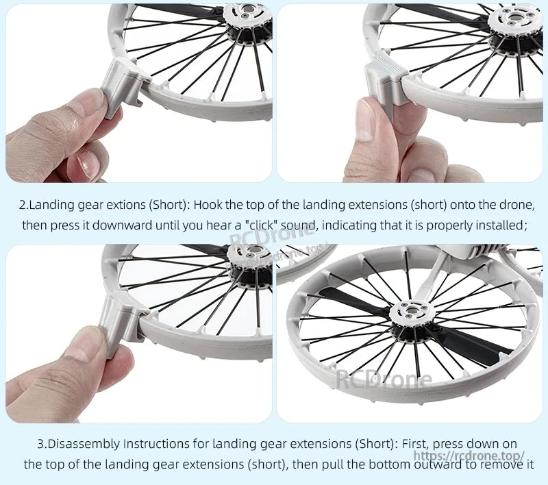 STARTRC Landing Gear, Attach short landing gear by hooking and pressing until clicked; remove by pressing down and pulling out. Assembly and disassembly instructions provided.