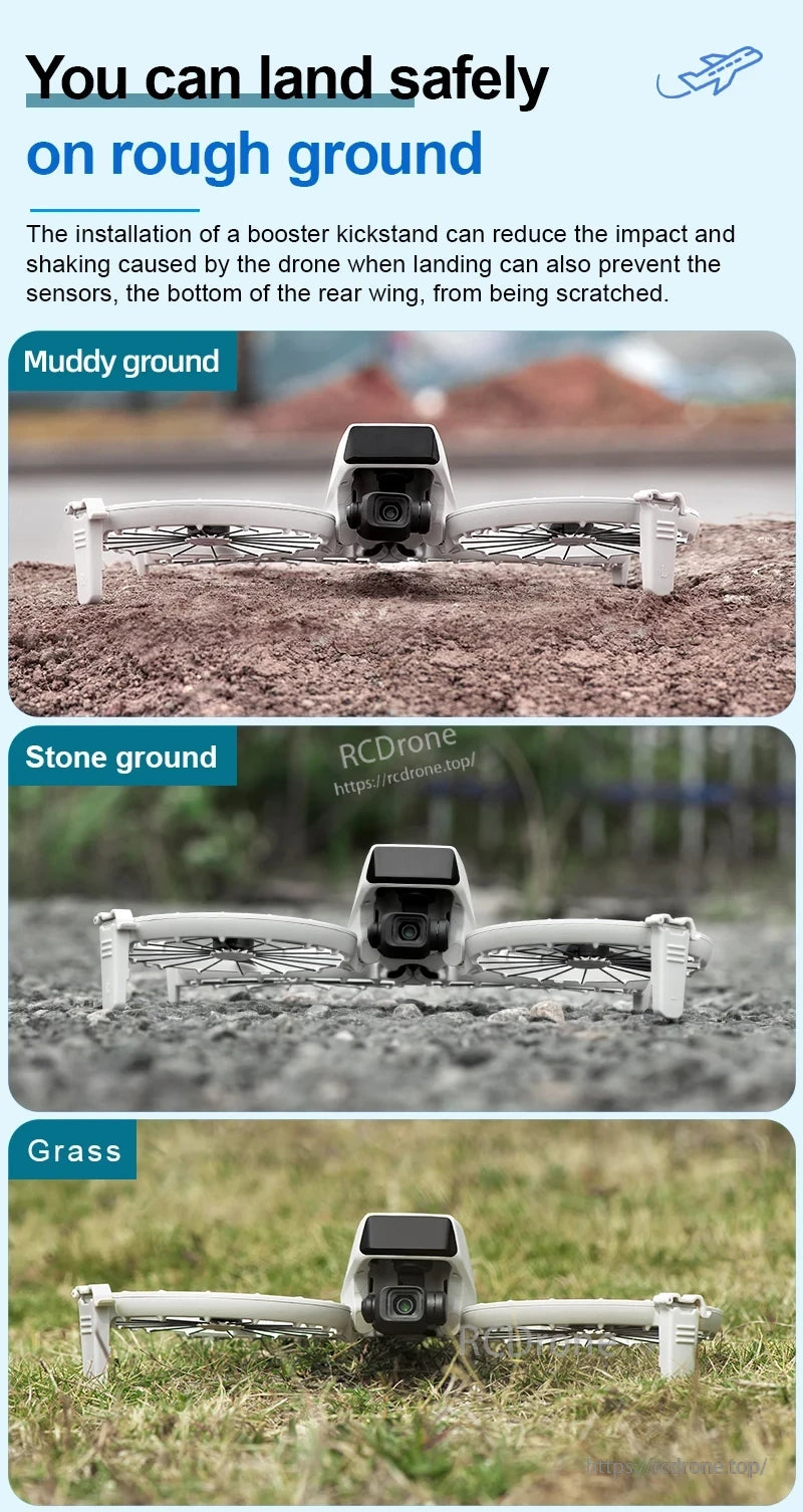 STARTRC Landing Gear, Booster kickstand enables safe landings on rough terrain, protecting sensors and rear wing from damage on muddy, rocky, or grassy surfaces.