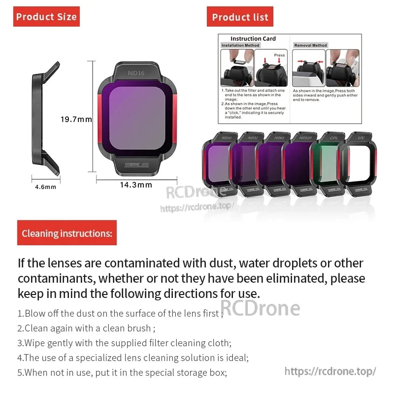 STARTRC Lens Filter features ND16-ND128, CPL, UV options, compact size, and includes installation, removal, and cleaning guide for optimal performance.