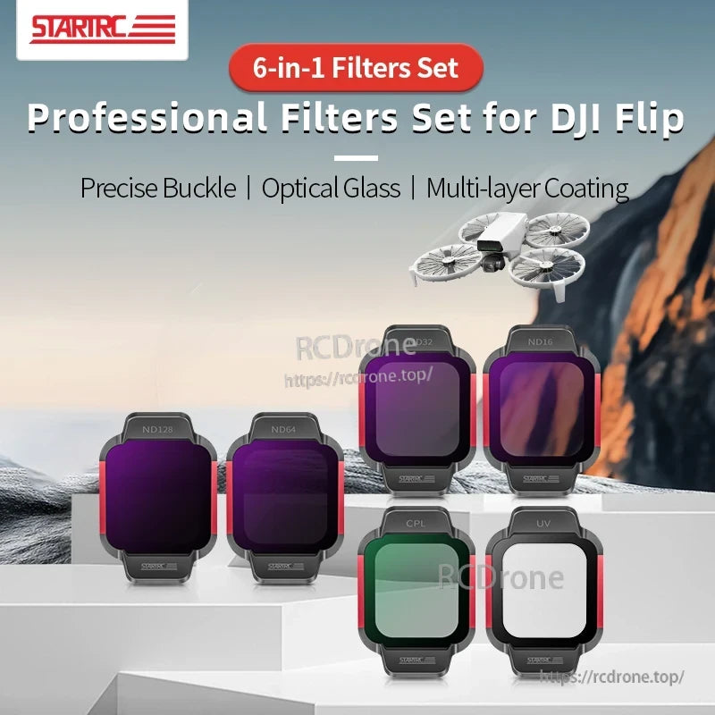 STARTRC Lens Filter, STARTRC 6-in-1 filter set for DJI Flip with ND, CPL, UV filters, precise buckle, optical glass, and multi-layer coating for enhanced image quality.