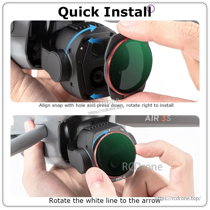 Align STARTRC lens filter snap with hole, press down, rotate right until white line matches arrow for secure attachment.