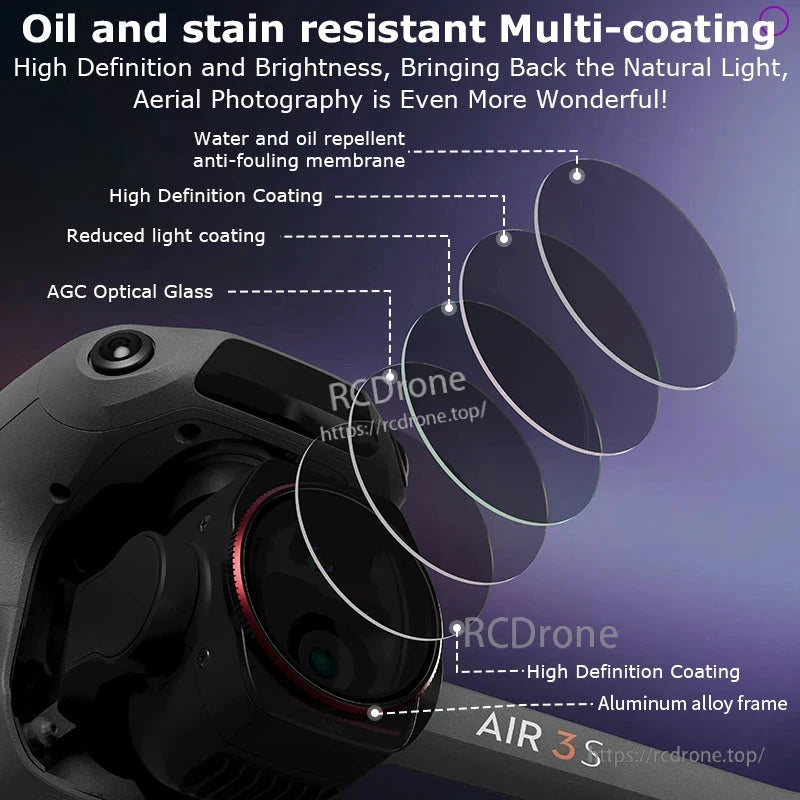 STARTRC Lens Filter, Oil/stain-resistant multi-coating, water/oil-repellent anti-fouling membrane, HD coating, AGC optical glass, and aluminum frame enhance clarity, brightness, and durability for superior aerial photography.