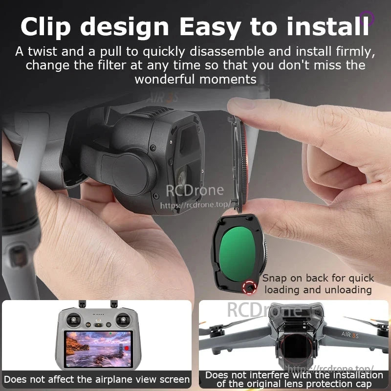 STARTRC Lens Filter, Lightweight aluminum alloy filters with easy clip design, twist-and-pull installation, and snap-on back for DJI Air 3S/Air 3; doesn’t affect screen or lens cap.