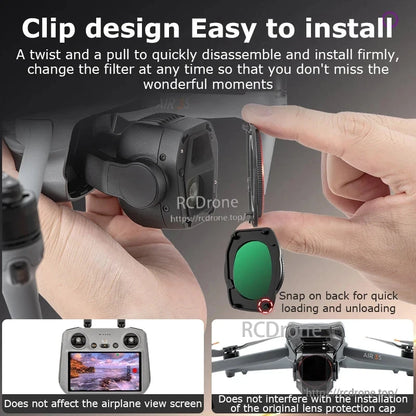 STARTRC Lens Filter, Lightweight aluminum alloy filters with easy clip design, twist-and-pull installation, and snap-on back for DJI Air 3S/Air 3; doesn’t affect screen or lens cap.