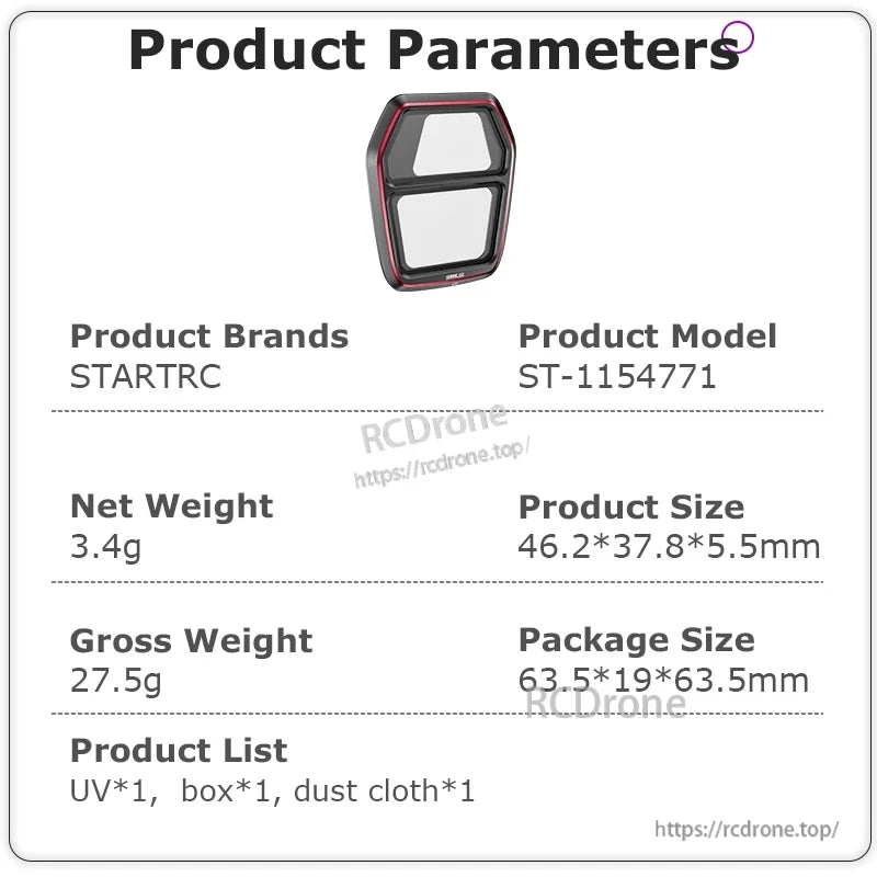STARTRC Lens Filter, STARTRC ST-1154771 lens filter set: 3.4g, 46.2×37.8×5.5mm, includes UV filter, box, and dust cloth.