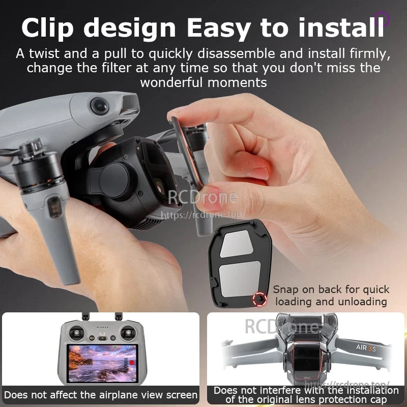 STARTRC Lens Filter, Easy-to-install clip with twist-and-pull filter changes, snap-on back for quick loading, and no interference with screen or lens cap.