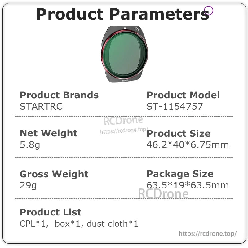 STARTRC Lens Filter, STARTRC CPL filter ST-1154757 weighs 5.8g, measures 46.2×40×6.75mm, includes filter, box, and dust cloth.