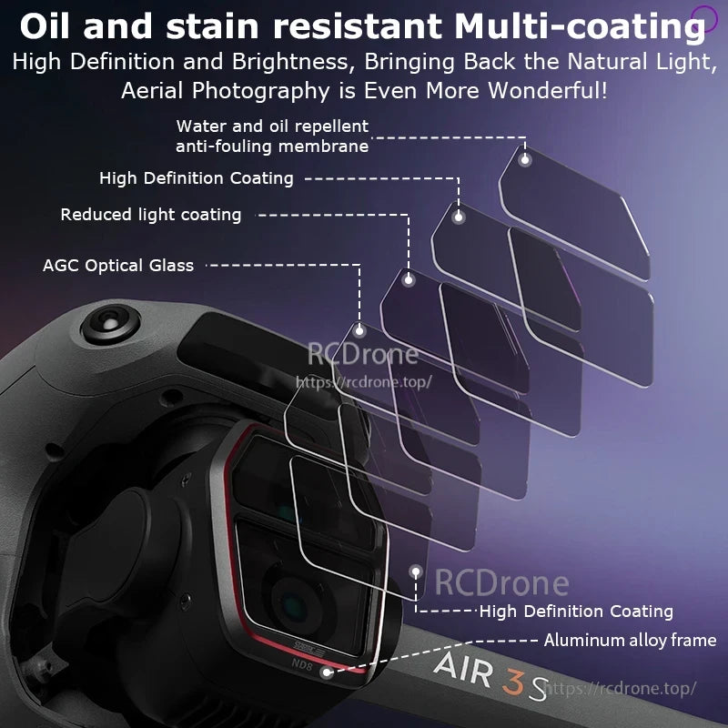 STARTRC Lens Filter, Oil/stain-resistant multi-coating, high-definition lens with AGC optical glass and aluminum alloy frame enhances aerial photography with brightness and natural light clarity.