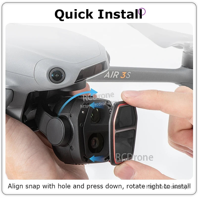 STARTRC Lens Filter, Align filter snap with hole, press down, rotate right to install on AIR 3S drone. Quick and easy attachment.