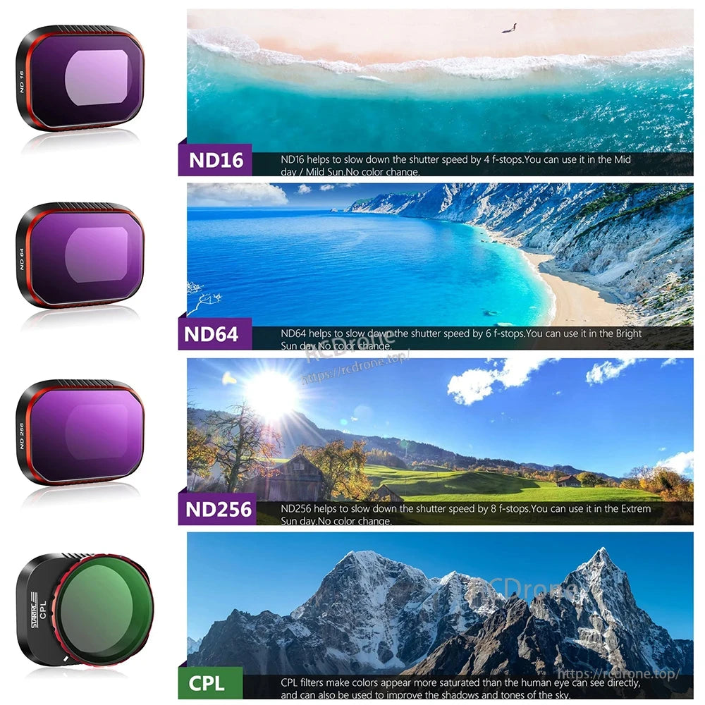 STARTRC lens filters: ND16, ND64, ND256 reduce shutter speed by 4–8 stops; CPL boosts color and sky tones. ND filters ensure no color shift.