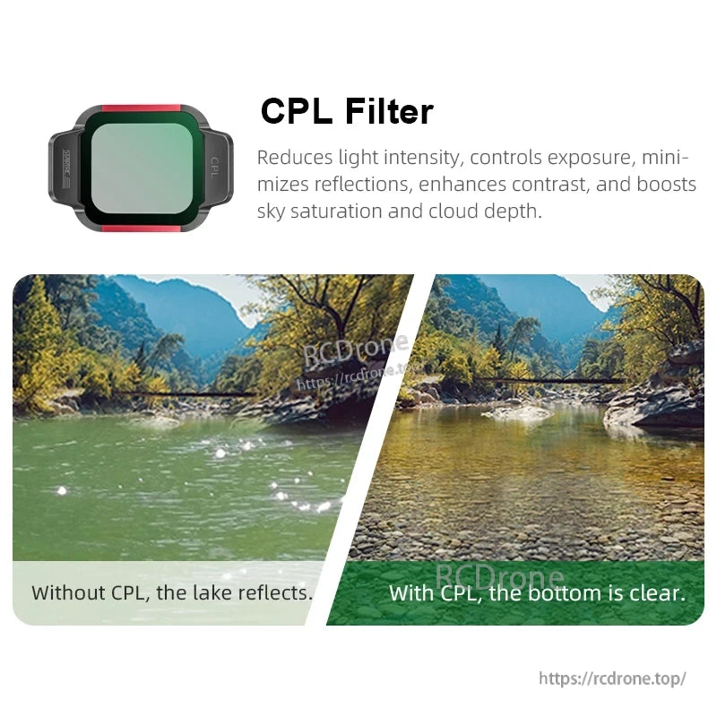 STARTRC Lens Filter, A CPL filter reduces glare, enhances sky colors, improves contrast, deepens cloud definition, and controls reflections and light exposure. (24 words)