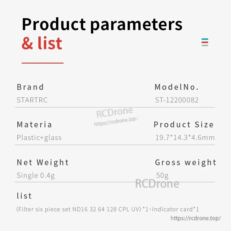 STARTRC Lens Filter, STARTRC ST-12200082 lens filter set: plastic+glass, 19.7×14.3×4.6mm, 0.4g net. Includes ND16-128, CPL, UV filters, indicator card. 50g gross weight.