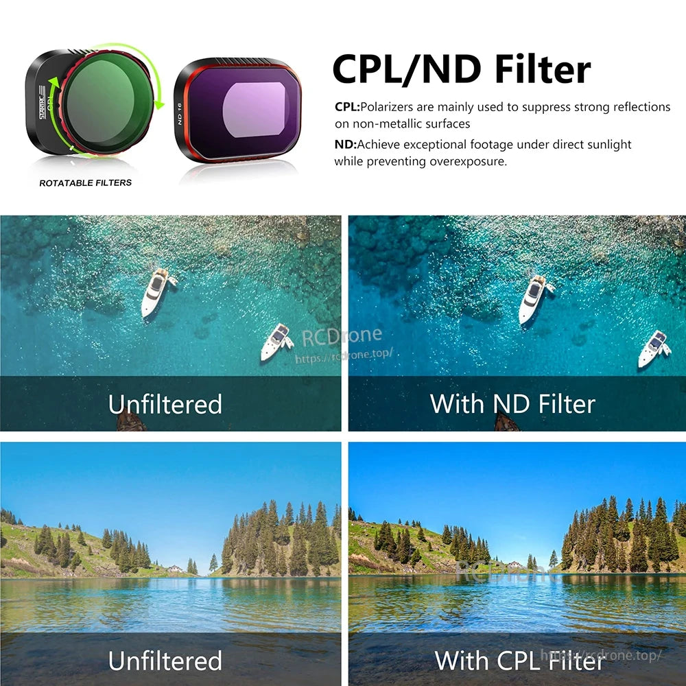 STARTRC Lens Filter, STARTRC CPL/ND filters minimize reflections and overexposure, rotatable for improved clarity in sunlight and water, enhancing image quality with combined ND and CPL effects. (24 words)
