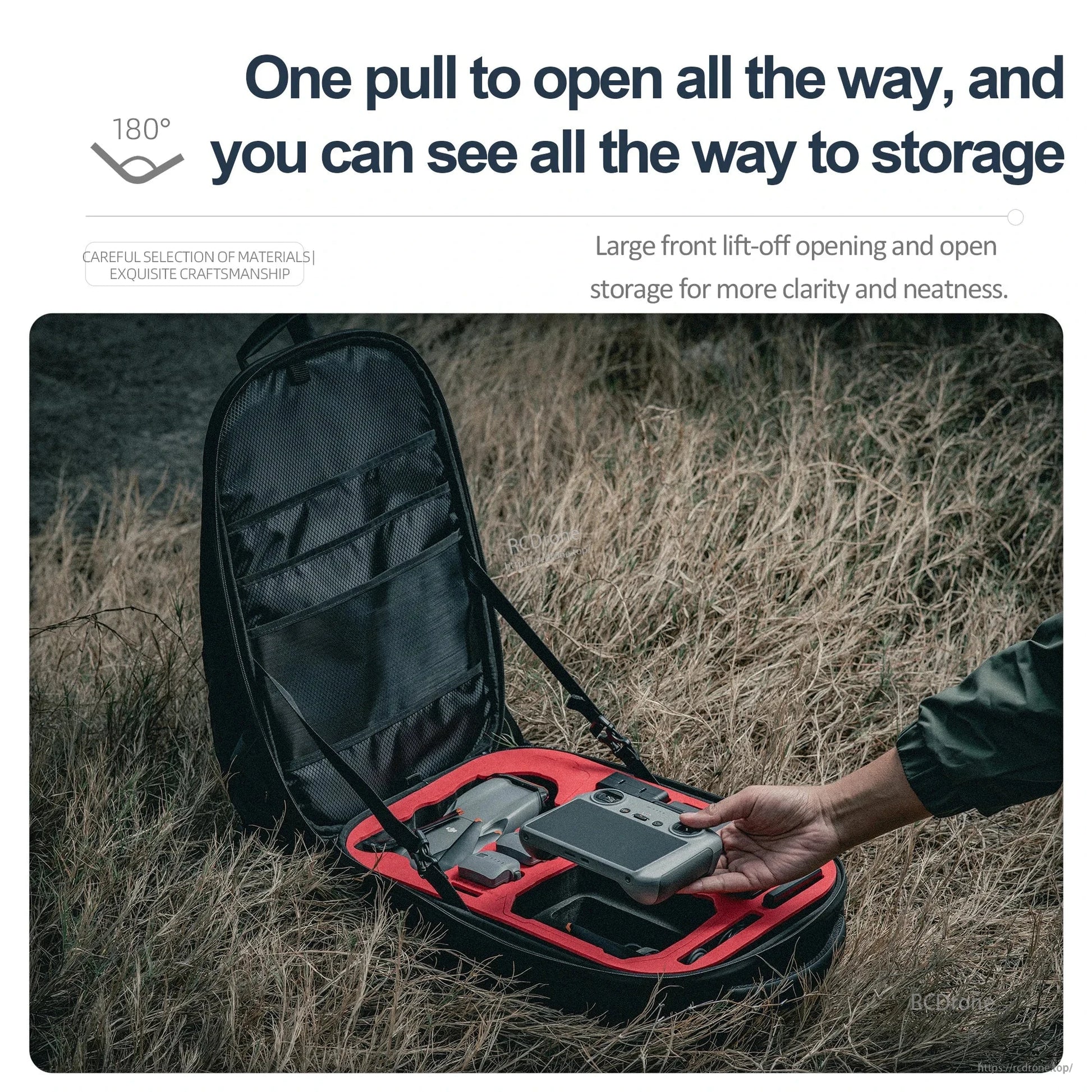 One pull fully opens the backpack, revealing organized storage; large front opening enhances visibility and neatness, made with durable premium materials.