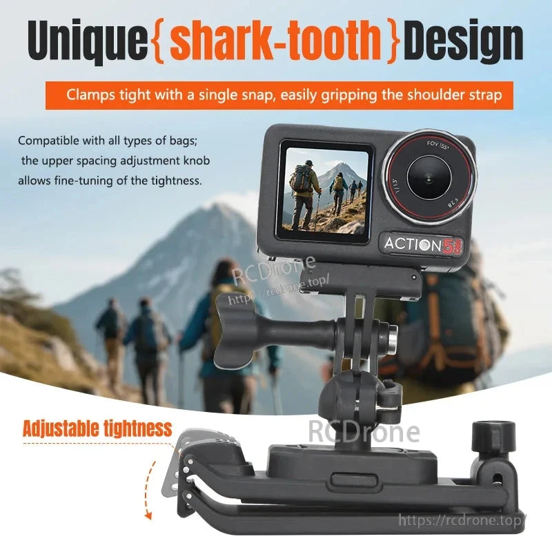 Shark-tooth design with adjustable knob securely grips straps, fits all backpacks and shoulder bags for a customized, tight hold. Compatible with various models.