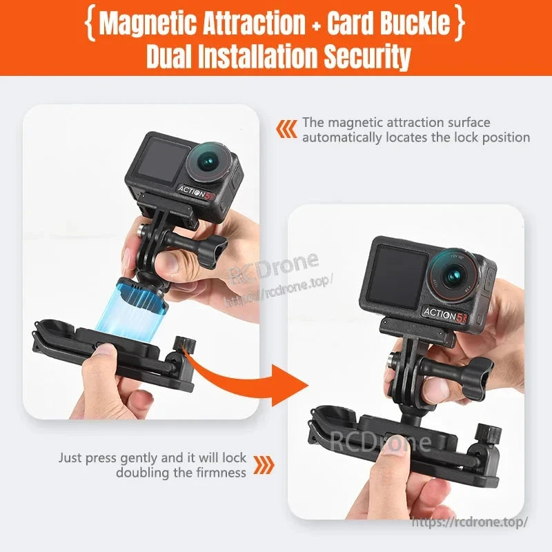Dual security with magnetic attraction and card buckle. Press gently to lock, ensuring firmness and stable camera mounting. (20 words)