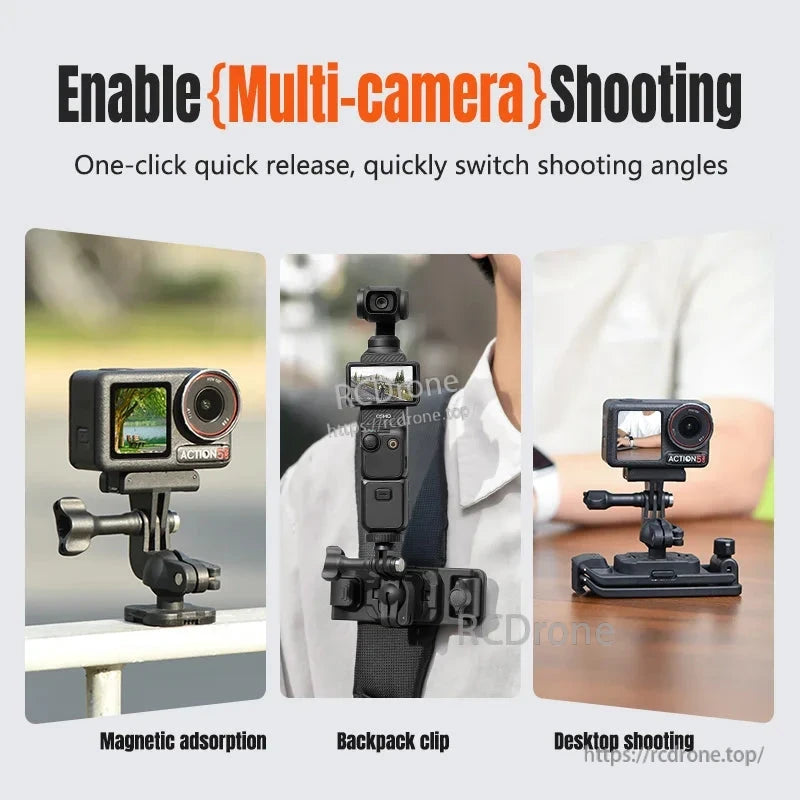 Multi-camera shooting enabled via magnetic adsorption, backpack clip, and desktop mounts for versatile positioning and easy setup.
