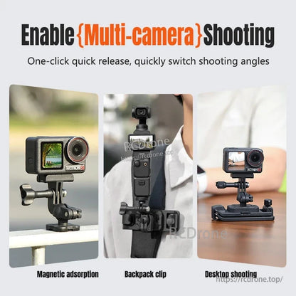 Multi-camera shooting enabled via magnetic adsorption, backpack clip, and desktop mounts for versatile positioning and easy setup.