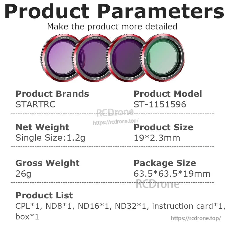 STARTRC Magnetic ND & CPL Filter, STARTRC ST-1151596 magnetic ND & CPL filter set: 1.2g each, 19×2.3mm, includes CPL, ND8, ND16, ND32, instruction card, and box.
